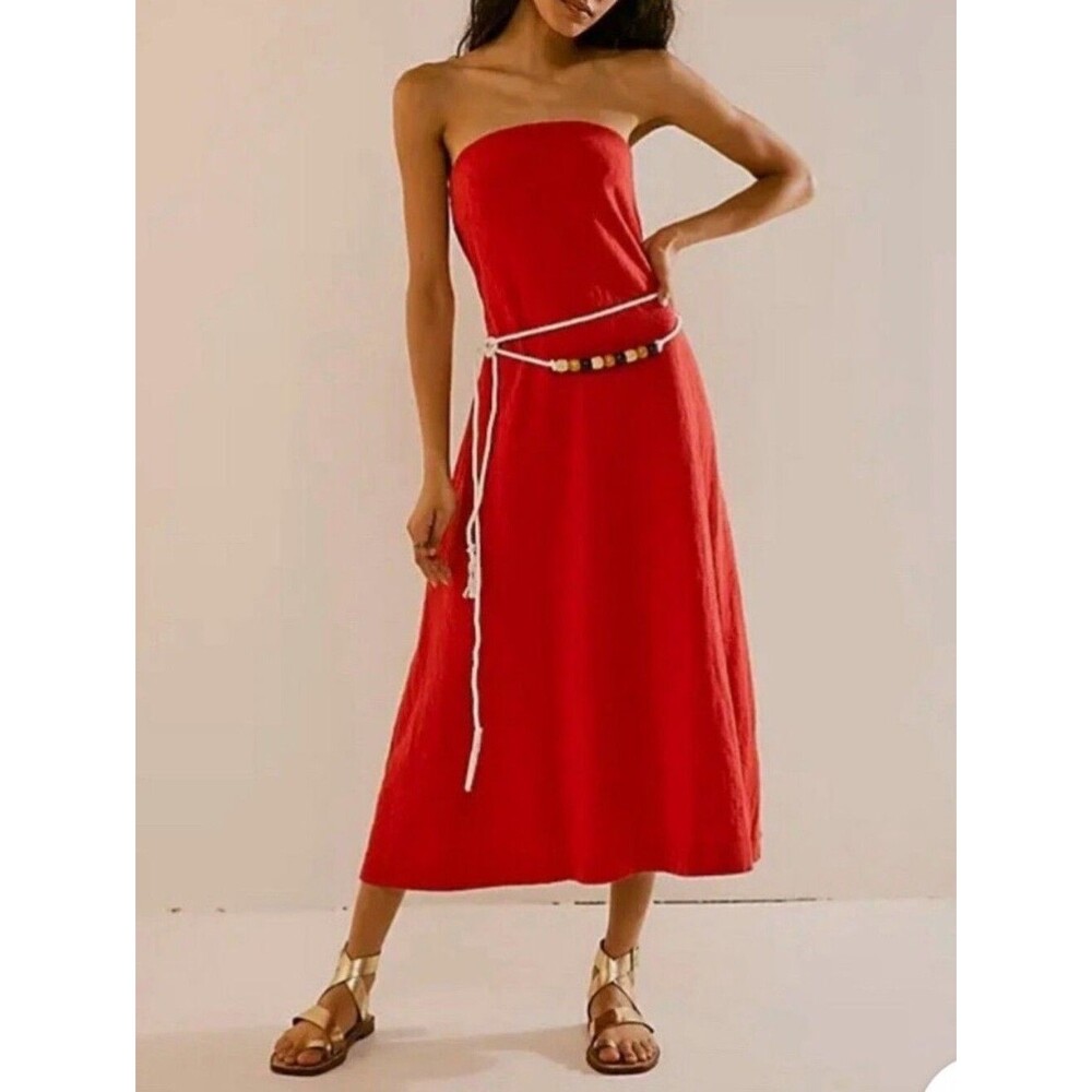 Free People Beach Red Strapless Midi Dress W/ Beaded Tie Belt, 100% Cotton, XS